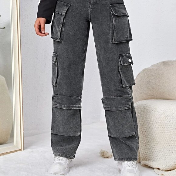 Dark Grey Casual Womens High Waisted Flap Pocket Cargo Jeans - Picture 4 of 5